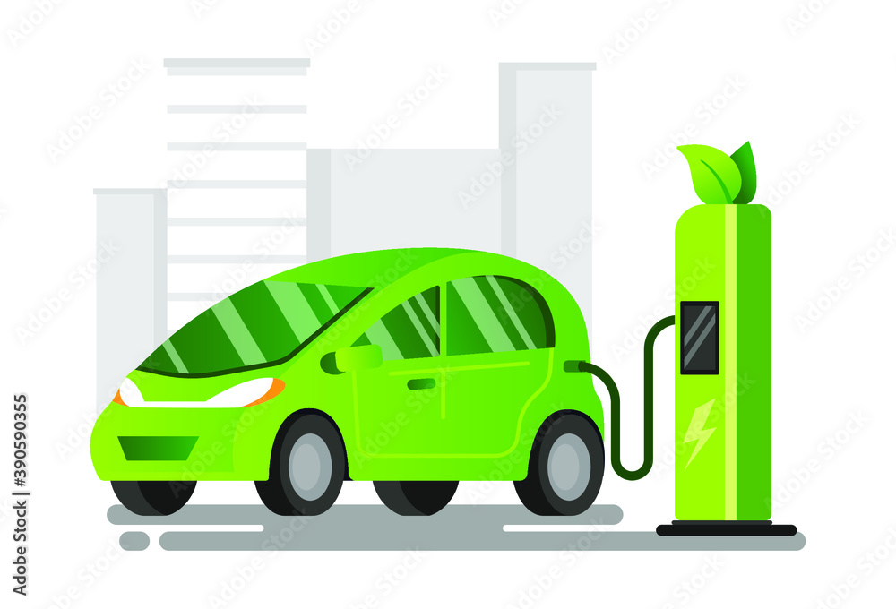 Electric transport. Fast charge a car with electricity at a public power station in the city. Vector illustration.