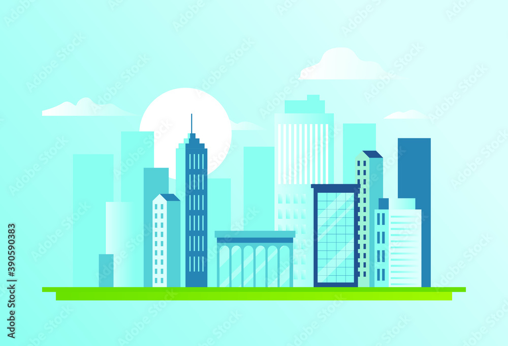 Flat city landscape with street,  tower. Concept modern building architecture, sunset in megapolis. illustration.
