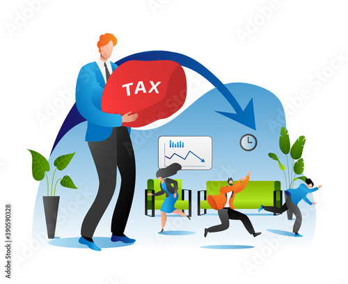 Tax burden for business or person vector illustration. Businessman suffer weight of unfair heavy taxation burden. Taxpayer in stress run off money problems with finances. Pressure of government taxes.