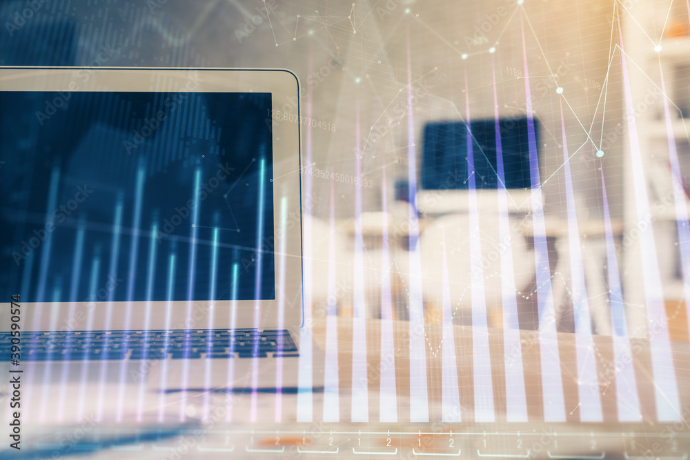 Forex Chart hologram on table with computer background. Multi exposure. Concept of financial markets. Forex Chart hologram on table with computer background. Multi exposure. Concept of financial markets.