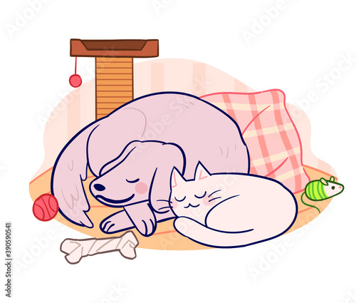 Cute dog and cat are taking a nap together on a blanket. Concept illustration of daily life of companion animals.