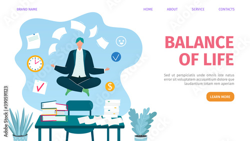 Work and life balance web landing page, vector illustration. Businessman balancing with documents in office, relax lifestyle. Balanced work management webpage template. Multitasking.