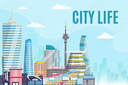 City life, urban cityscape, view of city street with industrial buildings and shopping centers vector illustration. Modern architecture, houses landscape with skyscrapers. City enviroment. photo