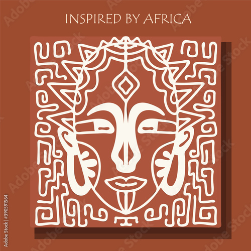 MASK AFRICA. African background, POSTER with tribal traditional pattern. DRAWED BY HAND. vector illustration