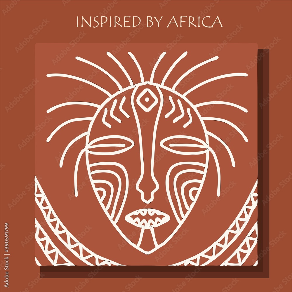 MASK AFRICA. African background, POSTER with tribal traditional pattern. DRAWED BY HAND. vector illustration