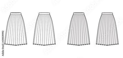 Skirt side knife pleat technical fashion illustration with below-the-knee silhouette, circular fullness, thick waistband. Flat bottom template front, back white grey color style. Women, men CAD mockup