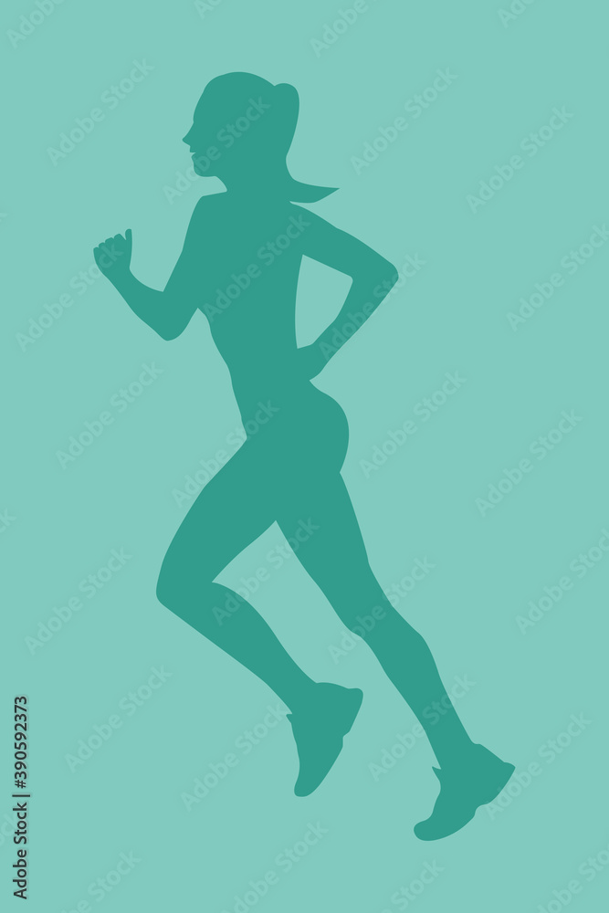 Silhouette of a beautiful slender girl going in for sports. Woman jogging. Silhouette on a green background Silhouette of a beautiful slender girl going in for sports. Woman jogging. Silhouette on a green background