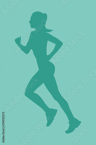 Silhouette of a beautiful slender girl going in for sports. Woman jogging. Silhouette on a green background