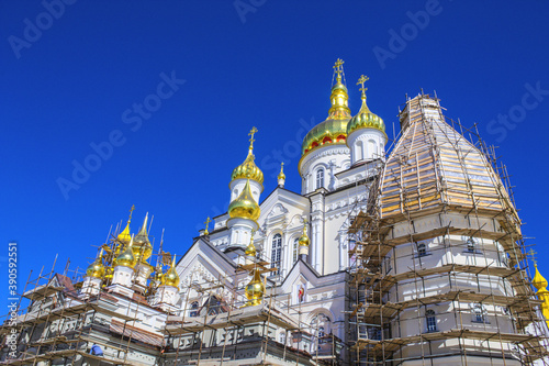 Orthodox temple in scaffolding during restoration work
