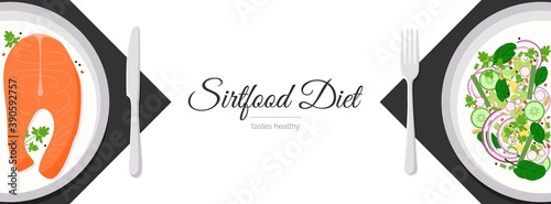Sirtfood diet tastes healthy blog header banner. Plated meal - salmon steak and salad with spinach, cucumber slices, onion. Healthy Adele sirtuin protein weight loss diet. Skinny gene turn on