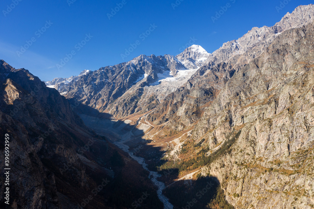Caucasian mountain landscape. Tsey gorge. Republic of North Ossetia-Alania, Russia