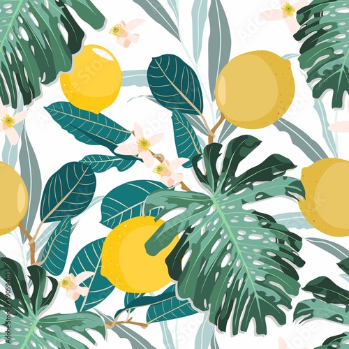 Seamless citrus vintage pattern with palm leves on white background. Hand drawn illustration with lemons. Template for print, textile,wallpaper cover and box design.