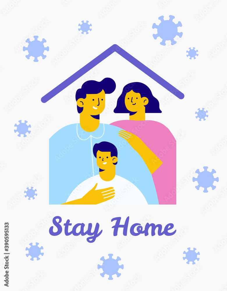 Naklejka premium Family together at home during the coronavirus epidemic. Stay home and save lives. Quarantine and self-isolation. Flat vector illustration