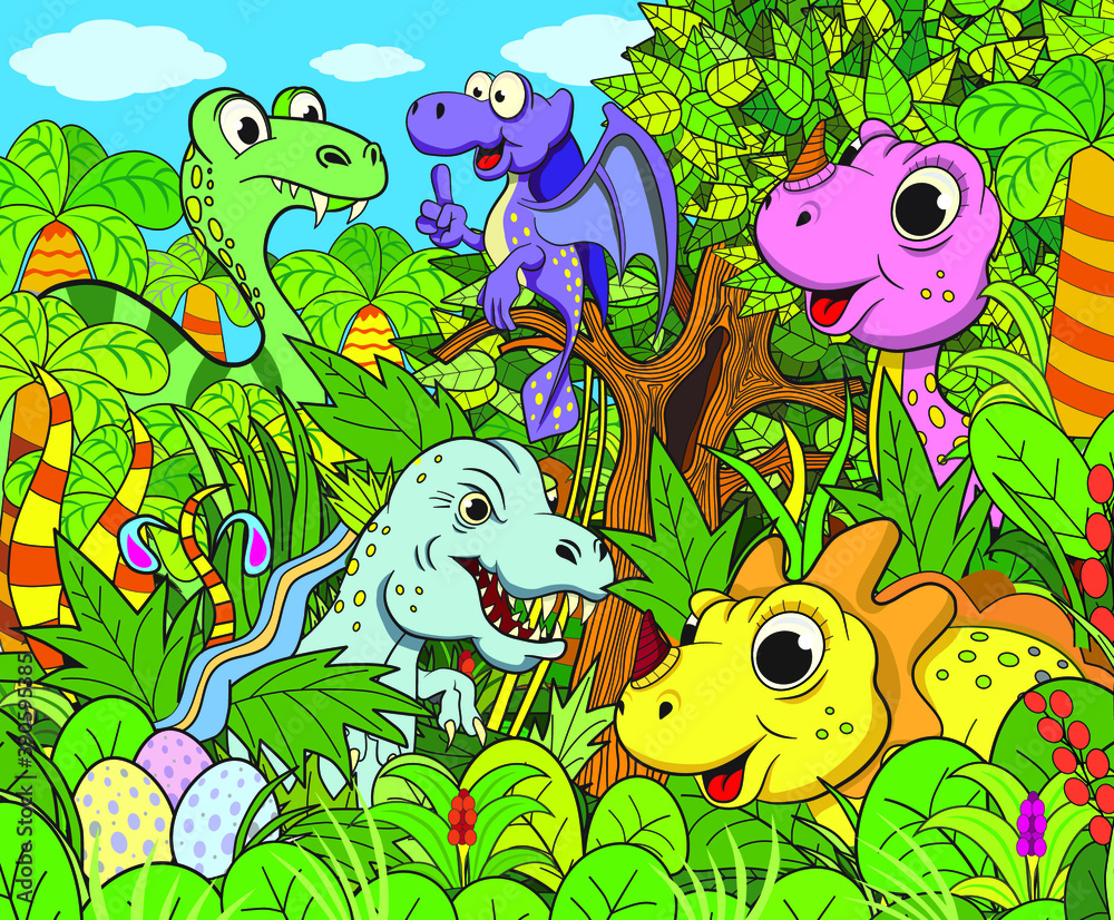 Obraz premium Set of different funny dinosaurs in the jungle.