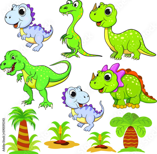 Set of different funny dinosaurs and plants for kids.