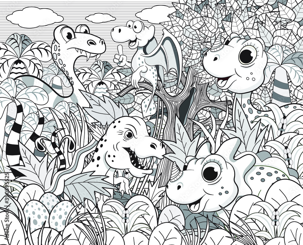 Fototapeta premium Set of different funny dinosaurs and plants coloring for children