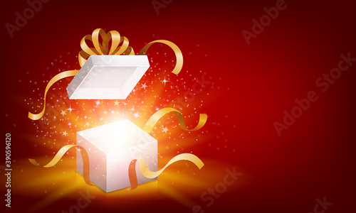 Red opened 3d realistic gift box with magical shining glow and golden ribbons flying off cover, place for your text on red background, realistic box with shine vector illustration