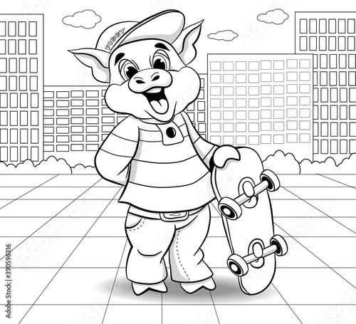 Funny pig with a skateboard on the background of the city.