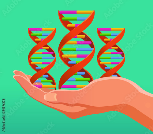 Open hand with DNA molecular structure genetics science image vector illustration.
DNA elements helix spiral.