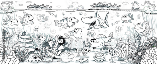 Underwater world with funny tropical fish, coloring for kids