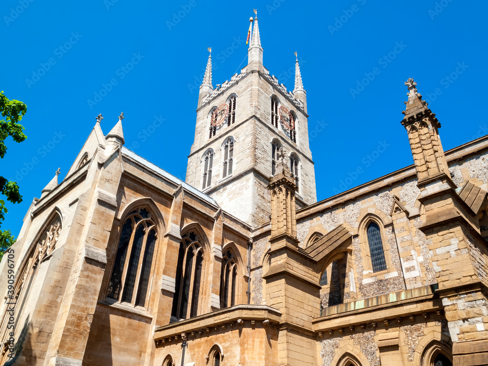 Southwark Cathedral at London Bridge London England UK built around 666AD rebuilt in a Norman Gothic style in 1206AD and is a popular travel destination tourist attraction landmark, stock photo image