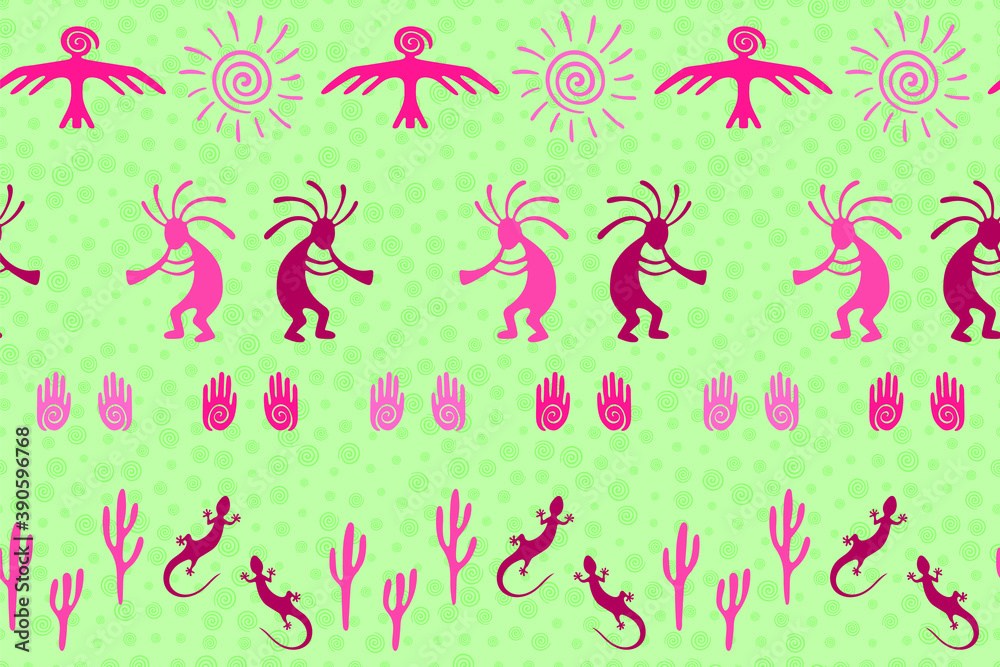 Fototapeta premium Traditional, design with gecko, Kokopelli fertility god, sun, bird, cacti.