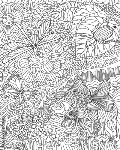 Antistress coloring page. Nature floral pattern with insects and fish.