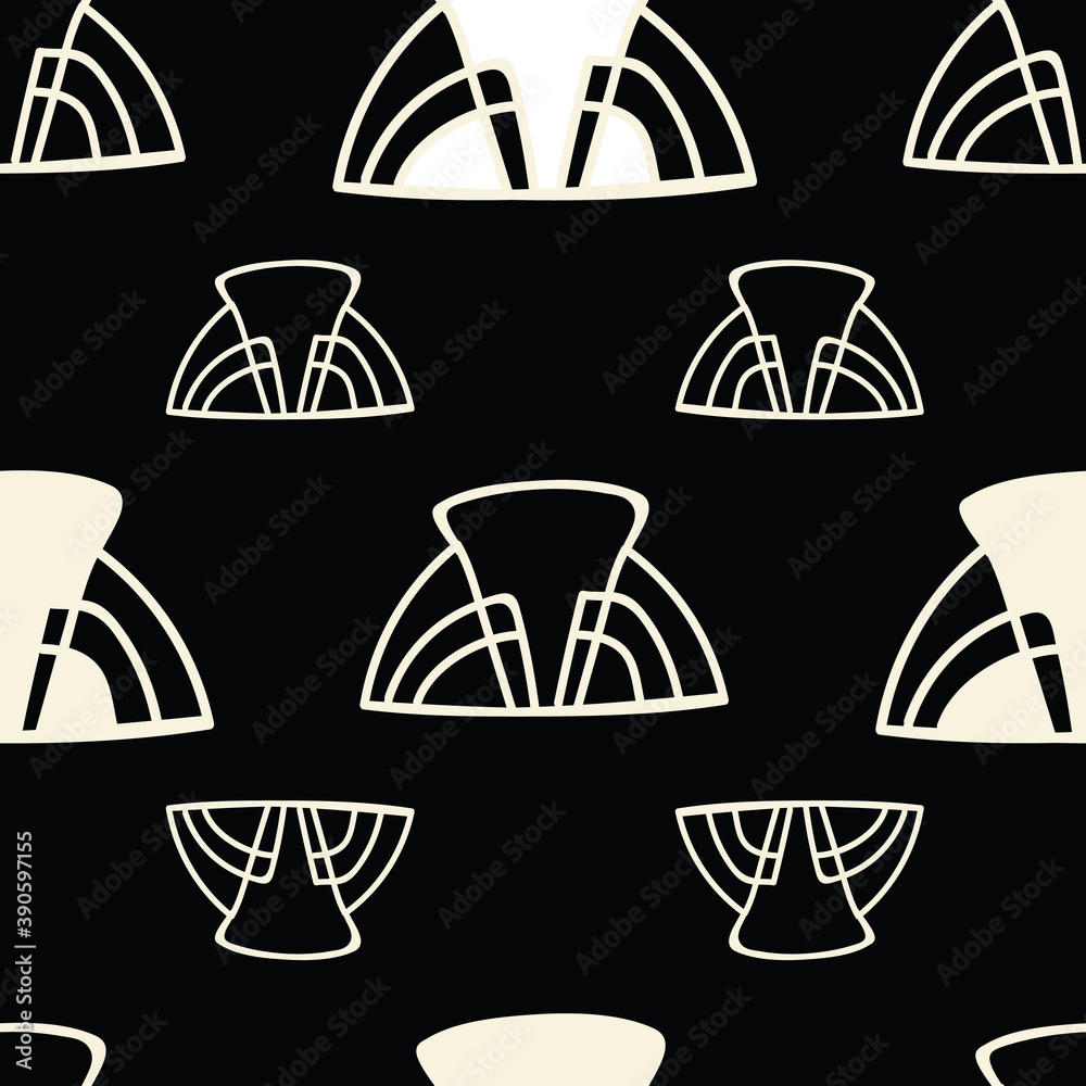 Art deco wave synol, beige white on black background, simple stylish vector pattern.