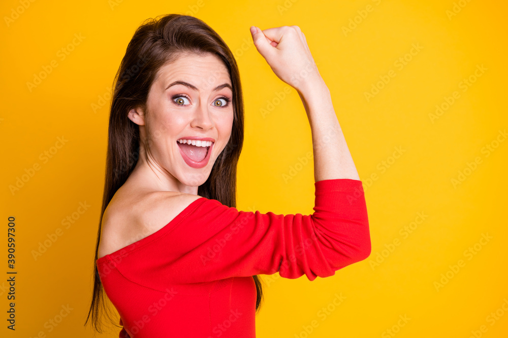 Close-up profile side view portrait of her she nice attractive lovely cheerful cheery lucky brown-haired girl celebrating good news success isolated bright vivid shine vibrant yellow color background Close-up profile side view portrait of her she nice attractive lovely cheerful cheery lucky brown-haired girl celebrating good news success isolated bright vivid shine vibrant yellow color background