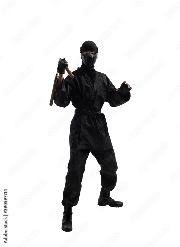 japanese ninja in black uniform on white background japanese ninja in black uniform on white background