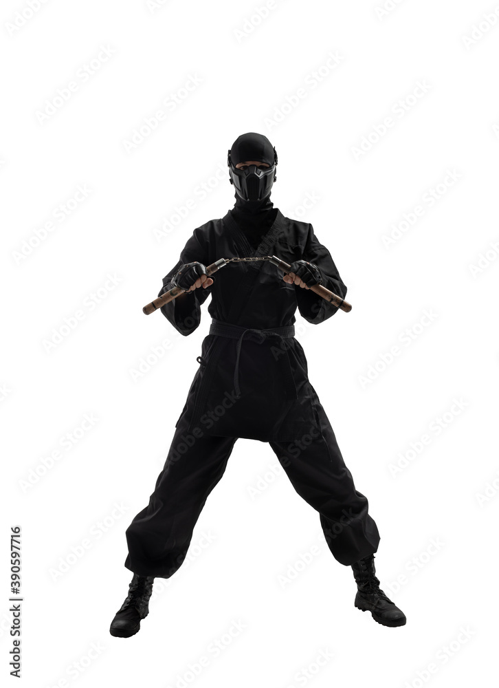 japanese ninja in black uniform on white background japanese ninja in black uniform on white background