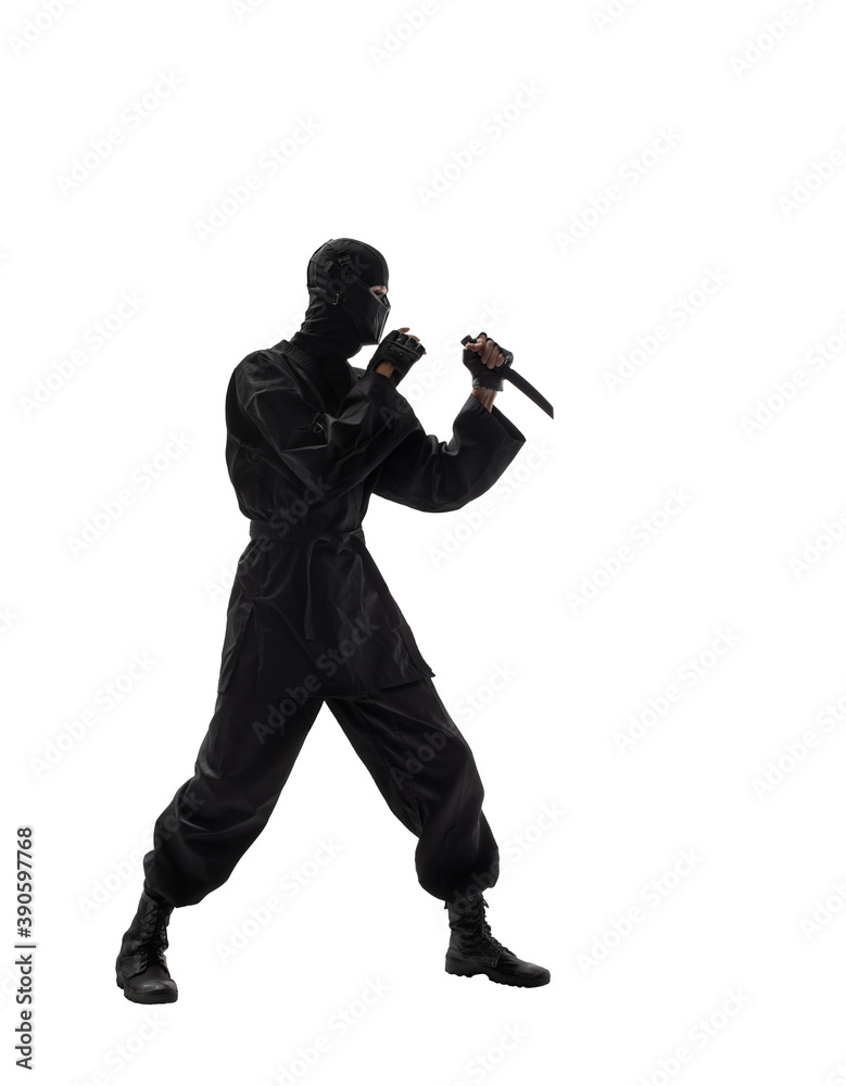 japanese ninja in black uniform on white background japanese ninja in black uniform on white background