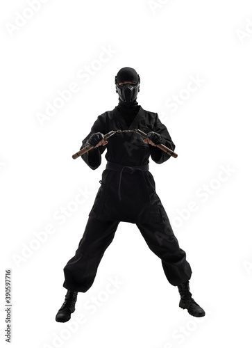 japanese ninja in black uniform on white background