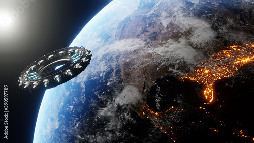 A view of the earth and a spaceship from satellit using high technology. International space station orbiting earth. Floating spaceship in the univers. Images from NASA.