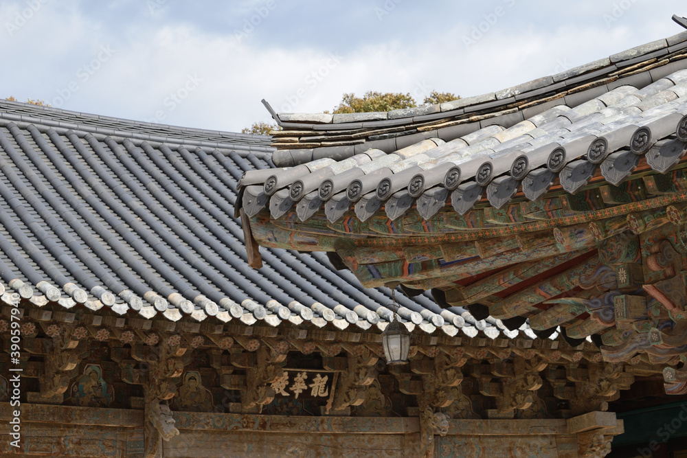 Roofs of Tongdosa Temple near Yangsan, South Gyeongsang Province, Korea. Inscription: 龍華殿 