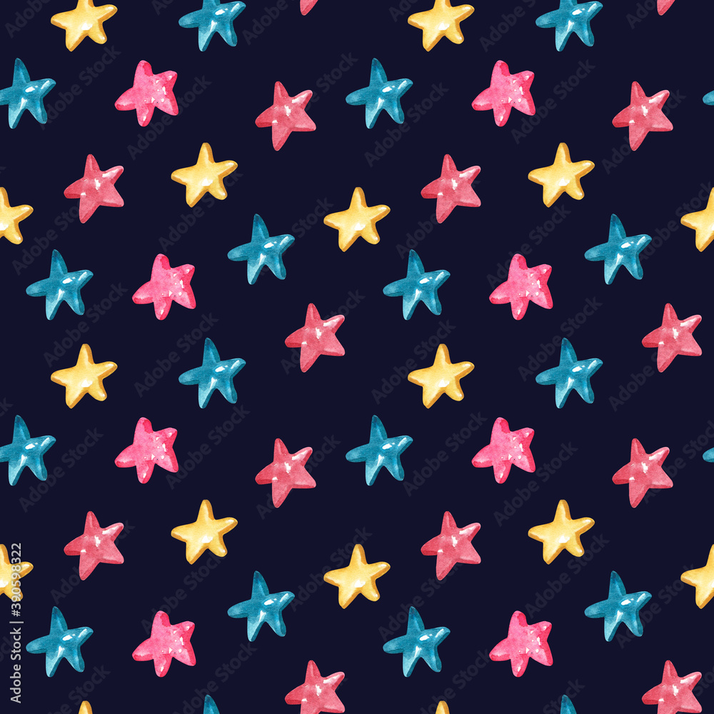Watercolor seamless pattern with shining star shaped candies on deep blue dark background. Beautiful Christmas textile. Great for fabrics, wrapping papers, covers, kids or baby clothes. Watercolor seamless pattern with shining star shaped candies on deep blue dark background. Beautiful Christmas textile. Great for fabrics, wrapping papers, covers, kids or baby clothes.