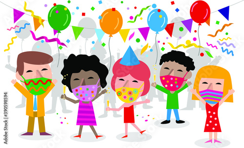 Party with male and female multiethnic characters wearing patterned medical face masks having fun and having a toast. colorful confetti dots, ribbon and balloons.  Coronavirus covid-19 concept. 