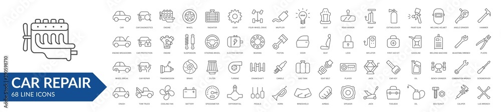 Car repair line icon set. Isolated signs on white background. Services & car parts & toolsVector illustration. Collection Car repair line icon set. Isolated signs on white background. Services & car parts & toolsVector illustration. Collection