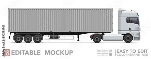 Editable semi truck mockup. Realistick tractor & iso container trailer on white background. Vector illustration. Collection