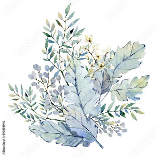 Watercolor winter navy blue floral bouquet. Fall leaves and branches illustration for wedding invintation, bridal shower, baby shower, blog design.