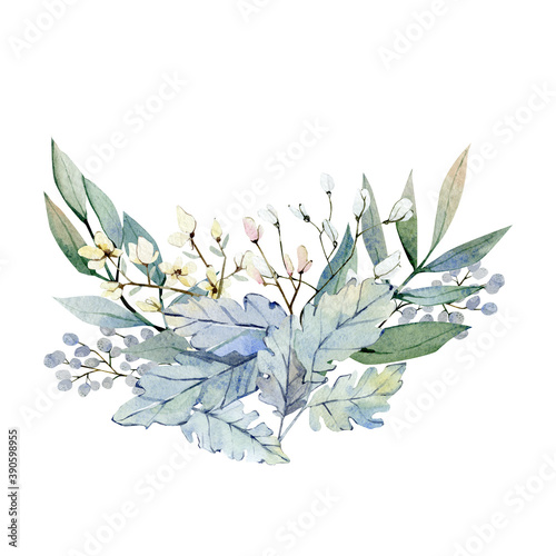 Watercolor winter navy blue floral bouquet. Fall wild floral  leaves and branches illustration for wedding invintation, bridal shower, baby shower, blog design.