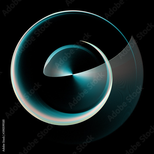 Rotating fan blade and turquoise spiral with a white stripe on a black background. Graphic design elements. 3d rendering. 3d illustration. Logo  icon  symbol  sign.