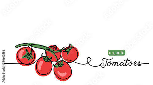 Cherry tomatoes branch vector lineart illustration. One line drawing art illustration with lettering organic tomatoes.