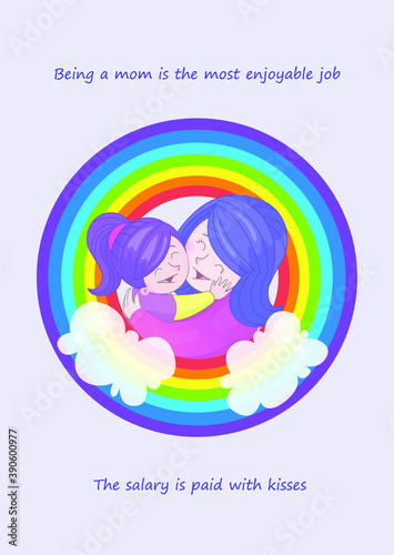 Happy mother's Day. Mother and daughter greeting card with a rainbow