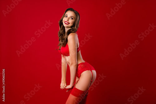 Photo portrait of gorgeous fancy chic classy woman showing beautiful body in lace boudoir isolated on vivid red colored background