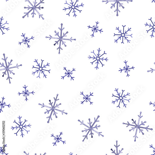 Seamless pattern with watercolor violet snowflakes. Hand drawn illustration is isolated on white. Winter ornament is perfect for christmas design, holiday decoration, vintage wallpaper, fabric textile