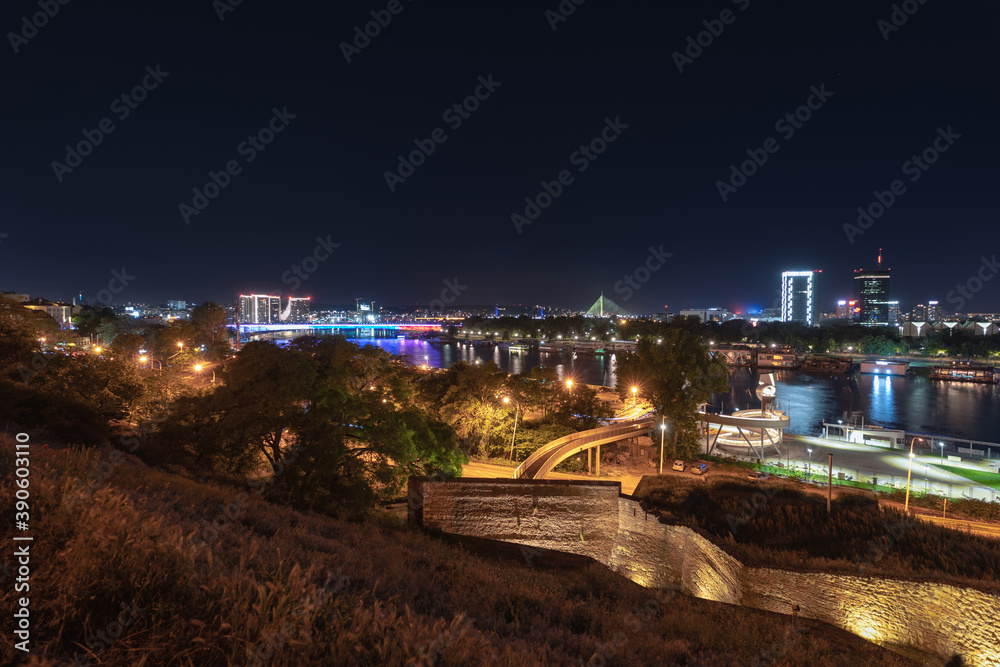 Night panorama of Belgrade city from Kalemegdan fortress