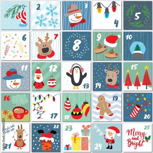 Christmas advent calendar. Hand drawn elements and numbers. Winter holidays calendar cards set design, Vector illustration