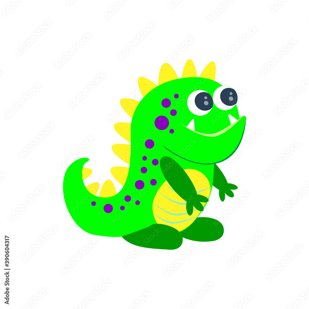 Fototapeta premium Funny monster. Cute green dragon that looks like a dinosaur. Cartoon vector illustration. Isolated on white