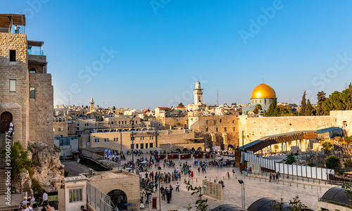 Panoramic view of Western Wall Plaza square beside Holy Temple Mount with Dome of the Rock shrine and Bab al-Silsila minaret in historic Old City of Jerusalem, Israel photo